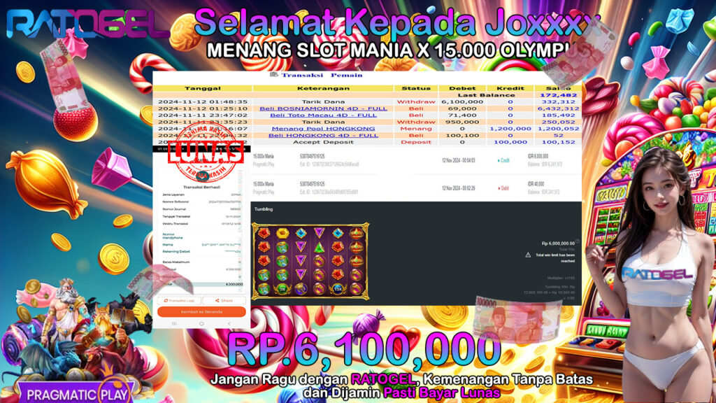 BUKTI JACKPOT SLOT MANIA X15.000 OLYMPUS TERPERCAYA DI INDONESIA TGL 12-11-2024