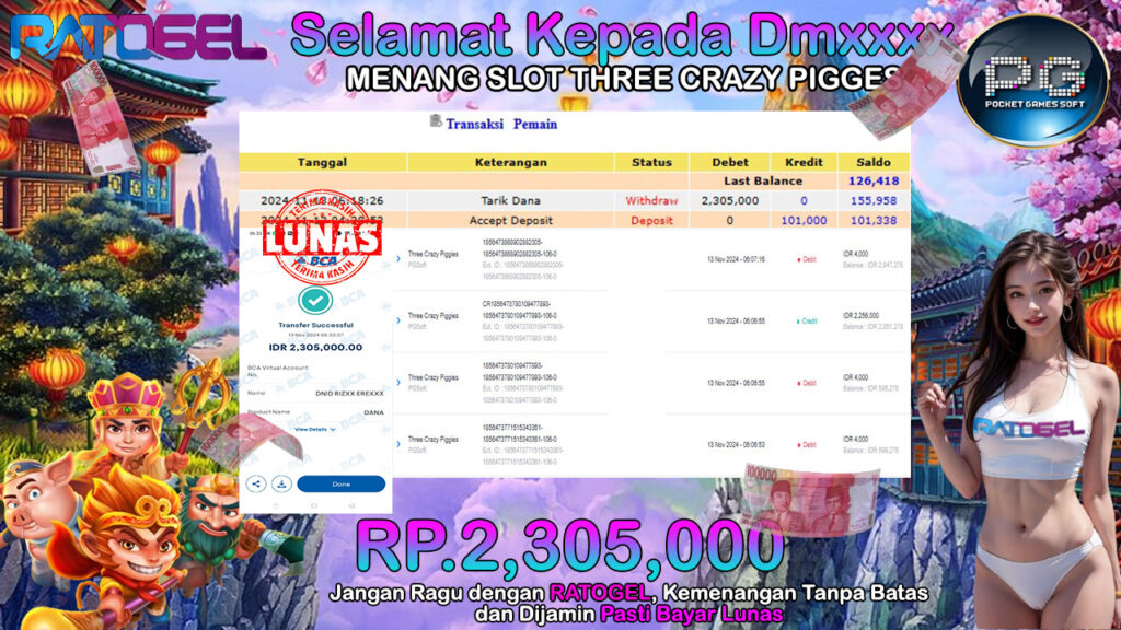 BUKTI JACKPOT SLOT THREE CRAZY PIGGES TERPERCAYA DI INDONESIA TGL 13-11-2024