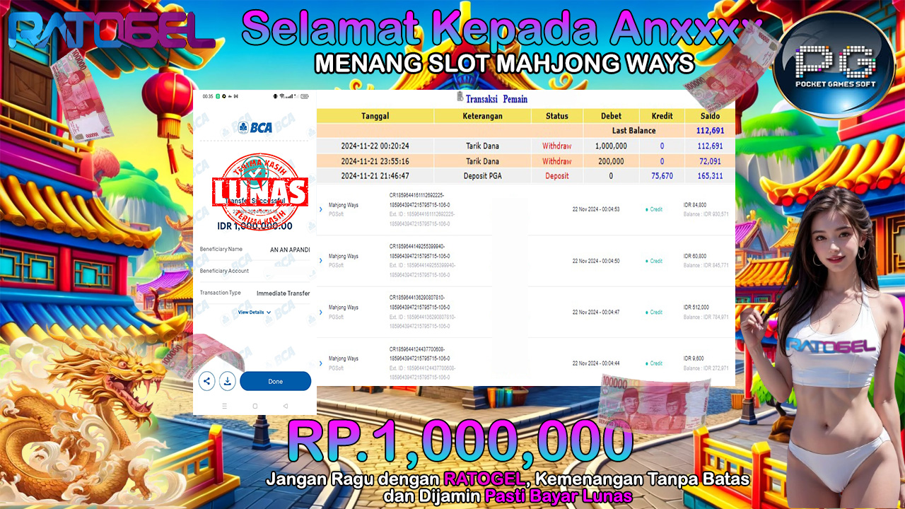 BUKTI JACKPOT SLOT MAHJONG WAYS TERPERCAYA DI INDONESIA TGL 22-11-2024