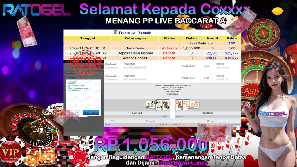 BUKTI JACKPOT PP LIVE BACCATAR A TERPERCAYA DI INDONESIA TGL 26-11-2024