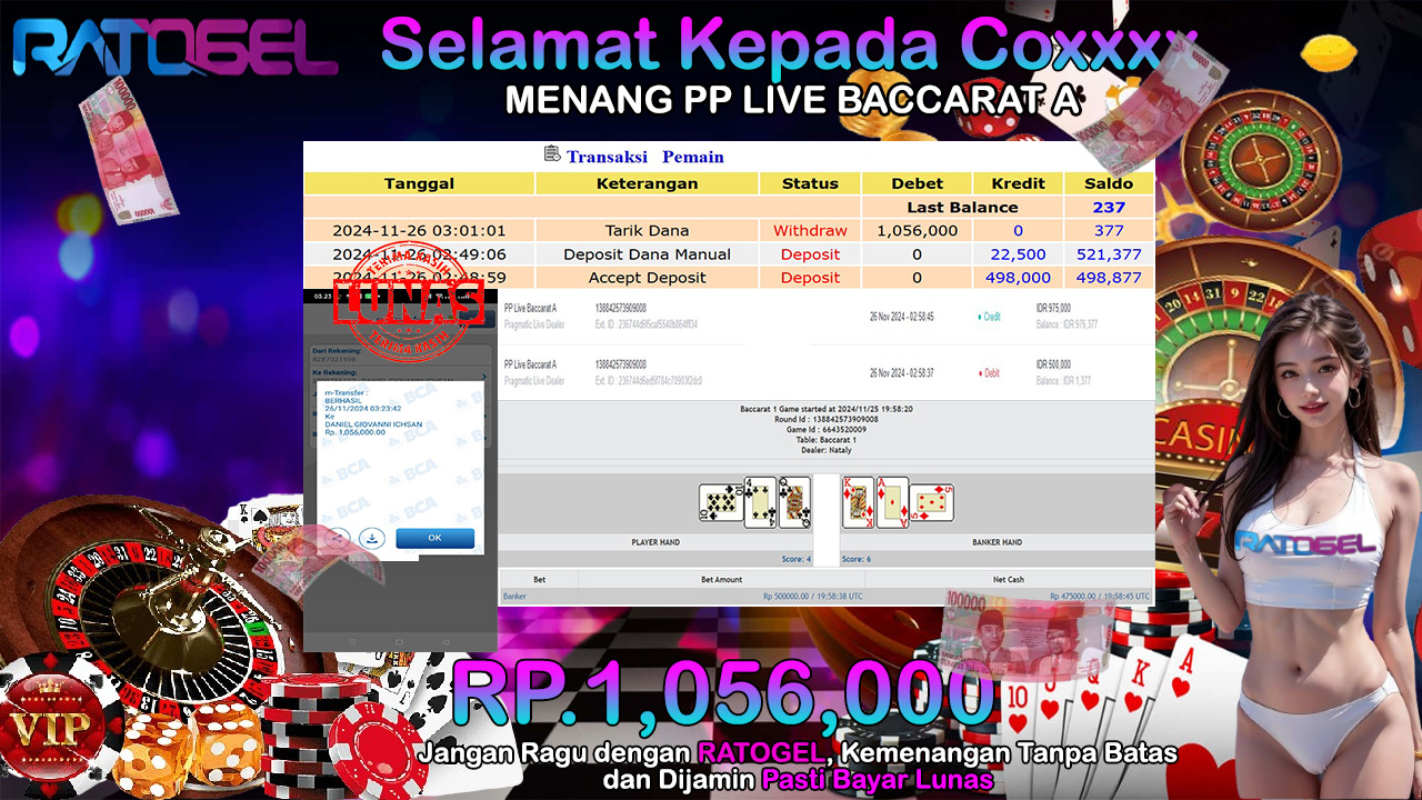 BUKTI JACKPOT PP LIVE BACCATAR A TERPERCAYA DI INDONESIA TGL 26-11-2024