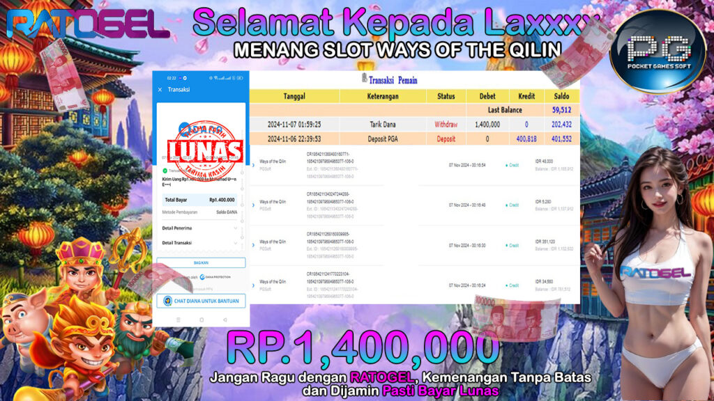 BUKTI JACKPOT SLOT WAYS OF THE QILIN TERPERCAYA DI INDONESIA TGL 07-11-2024