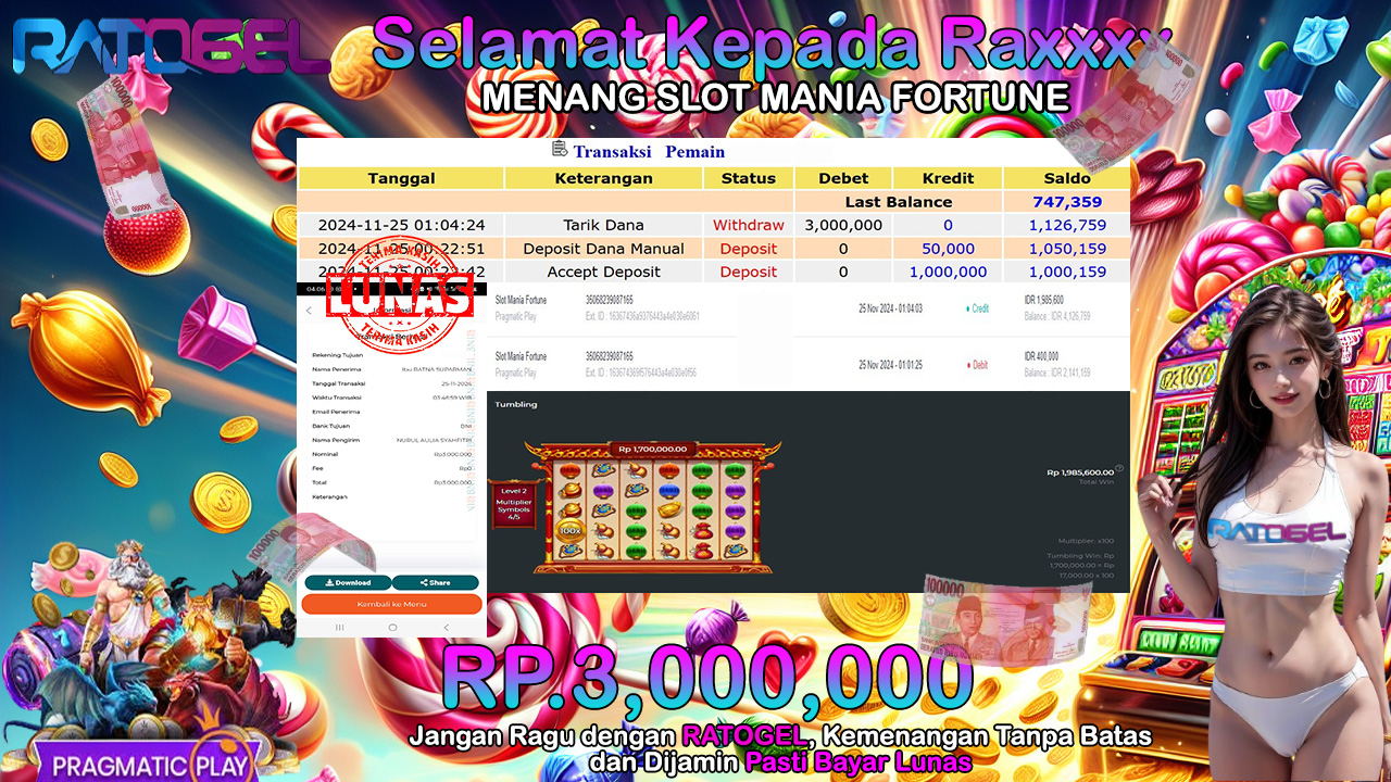 BUKTI JACKPOT SLOT MANIA FORTUNE TERPERCAYA DI INDONESIA TGL 25-11-2024