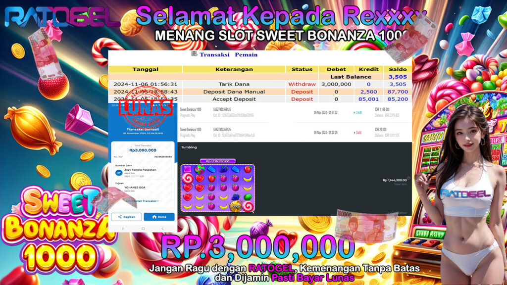 BUKTI JACKPOT SLOT SWEET BONANZA 1000 TERPERCAYA DI INDONESIA TGL 06-11-2024