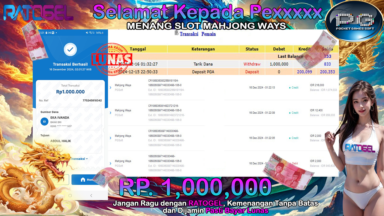 BUKTI JACKPOT SLOT MAHJONG WAYS TERPERCAYA DI INDONESIA TGL 16-12-2024