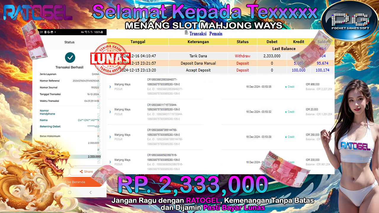 BUKTI JACKPOT SLOT MAHJONG WAYS  TERPERCAYA DI INDONESIA TGL 16-12-2024