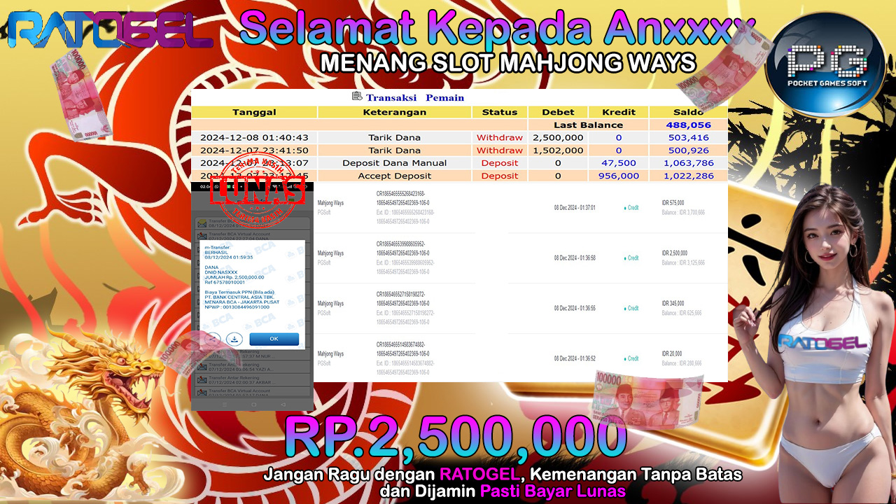 BUKTI JACKPOT SLOT MAHJONG WAYS TERPERCAYA DI INDONESIA TGL 08-12-2024