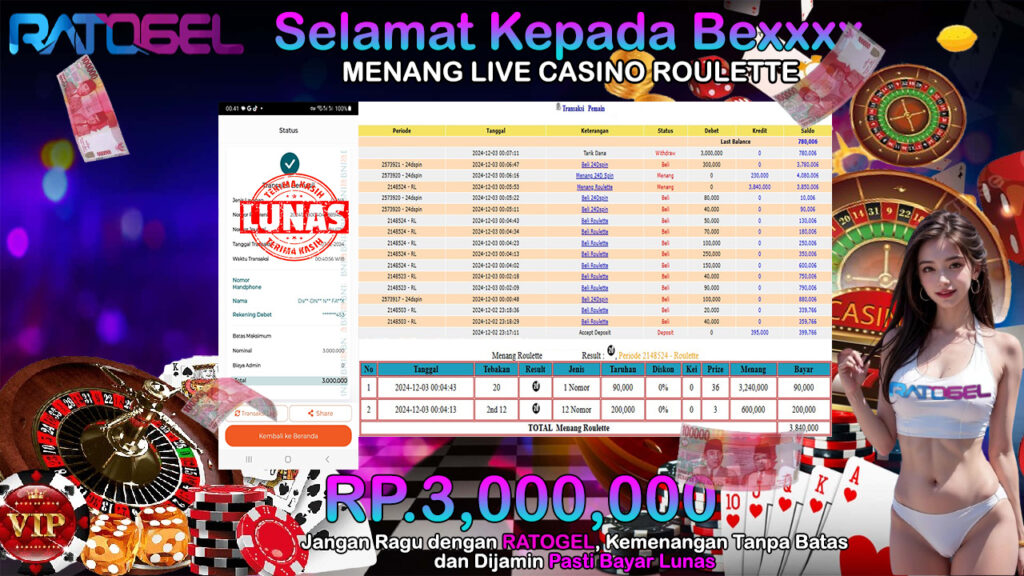 BUKTI JACKPOT LIVE CASINO ROULETTE TERPERCAYA DI INDONESIA TGL 03-12-2024