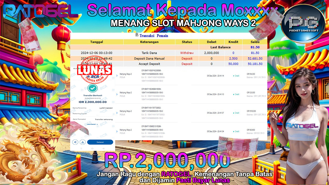 BUKTI JACKPOT SLOT MAHJONG WAYS 2 TERPERCAYA DI INDONESIA TGL 06-12-2024