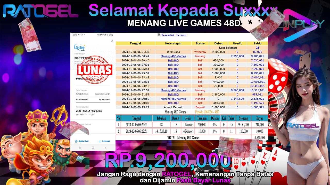 BUKTI JACKPOT LIVE GAMES 48D TERPERCAYA DI INDONESIA TGL 06-12-2024